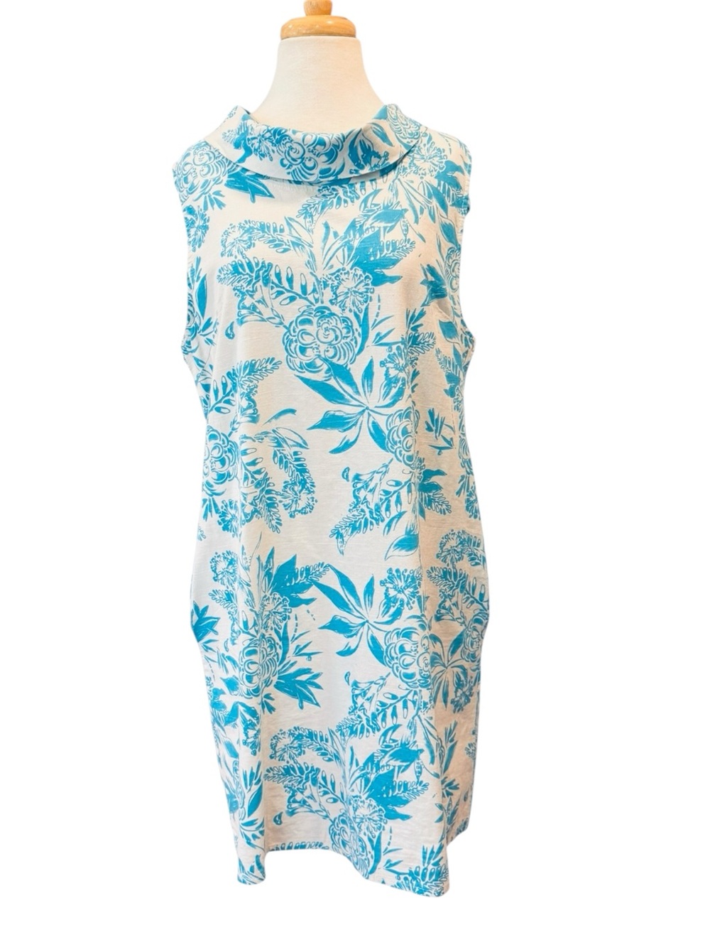 Luisa Perla Blue White Floral Linen Blend Shift Dress Sleeveless Cowl Neck Large